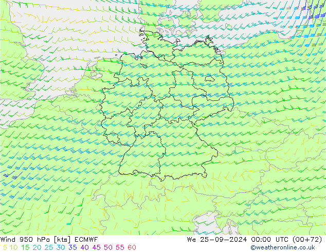 Wind 950 hPa ECMWF We 25.09.2024 00 UTC