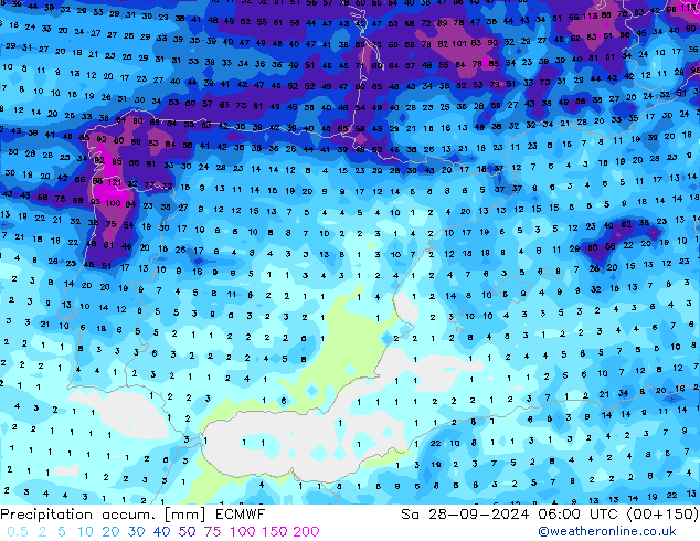 Precipitación acum. ECMWF sáb 28.09.2024 06 UTC