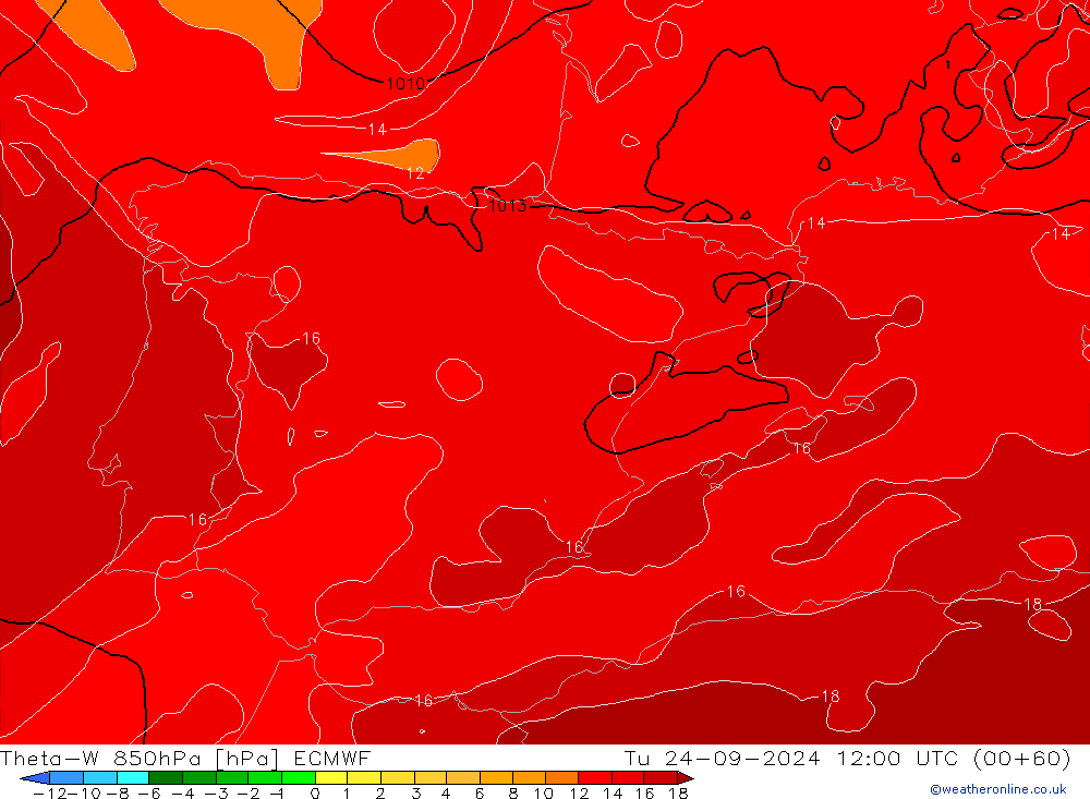 Theta-W 850hPa ECMWF Sa 24.09.2024 12 UTC