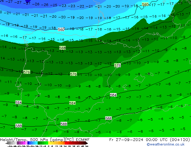 Z500/Yağmur (+YB)/Z850 ECMWF Cu 27.09.2024 00 UTC