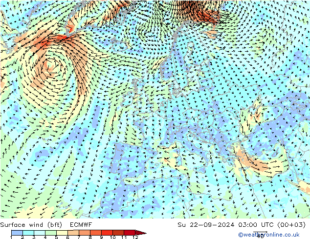 Vento 10 m (bft) ECMWF Dom 22.09.2024 03 UTC