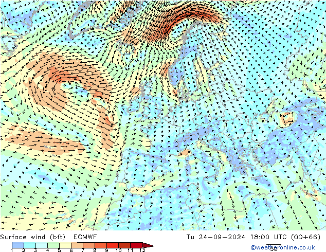 Rüzgar 10 m (bft) ECMWF Sa 24.09.2024 18 UTC