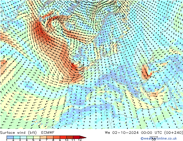 Wind 10 m (bft) ECMWF wo 02.10.2024 00 UTC