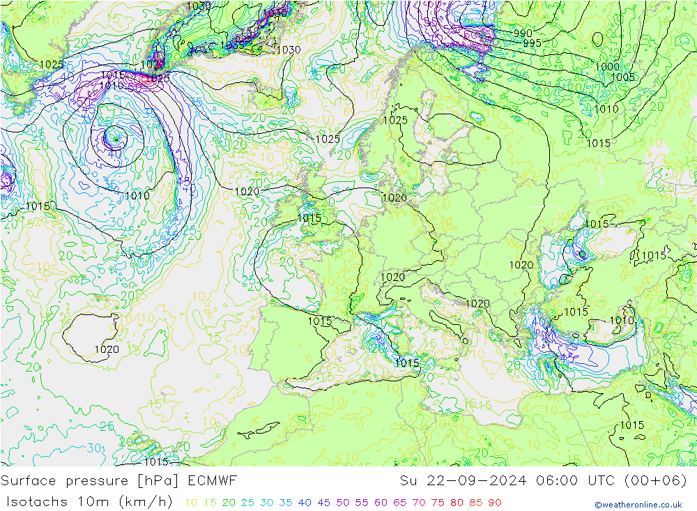 10米等风速线 (kph) ECMWF 星期日 22.09.2024 06 UTC