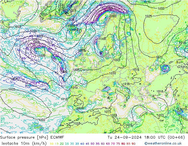 Isotachen (km/h) ECMWF Di 24.09.2024 18 UTC