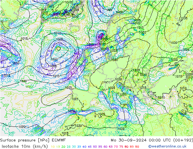 Izotacha (km/godz) ECMWF pon. 30.09.2024 00 UTC