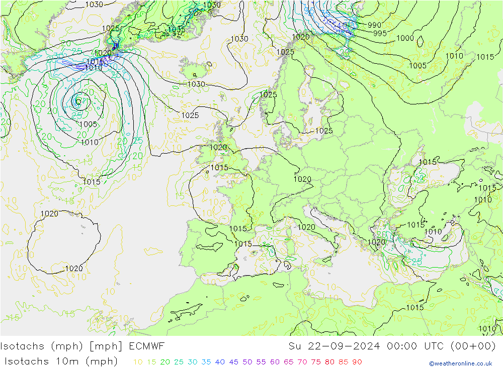 Isotachs (mph) ECMWF 星期日 22.09.2024 00 UTC