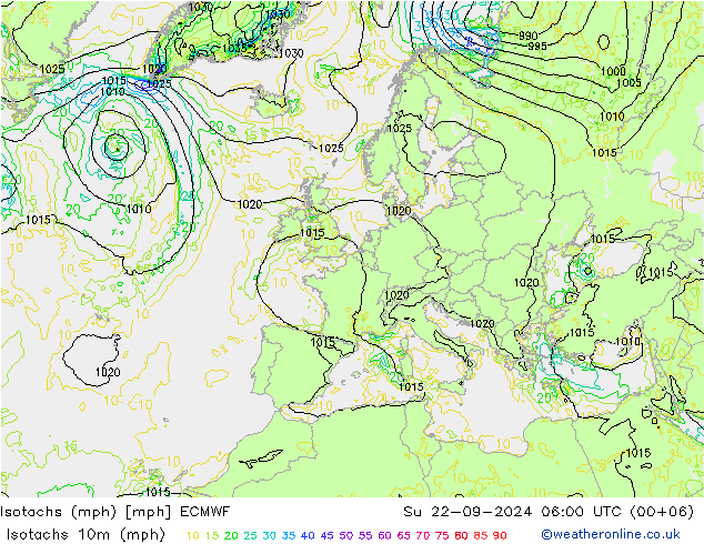 Isotachs (mph) ECMWF 星期日 22.09.2024 06 UTC