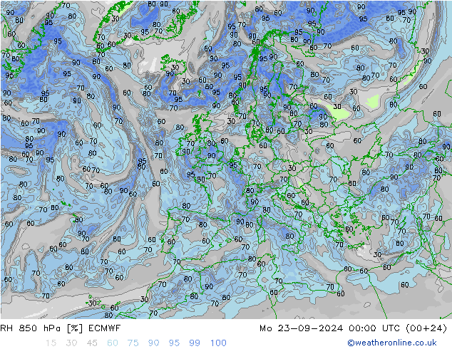 RH 850 hPa ECMWF Mo 23.09.2024 00 UTC