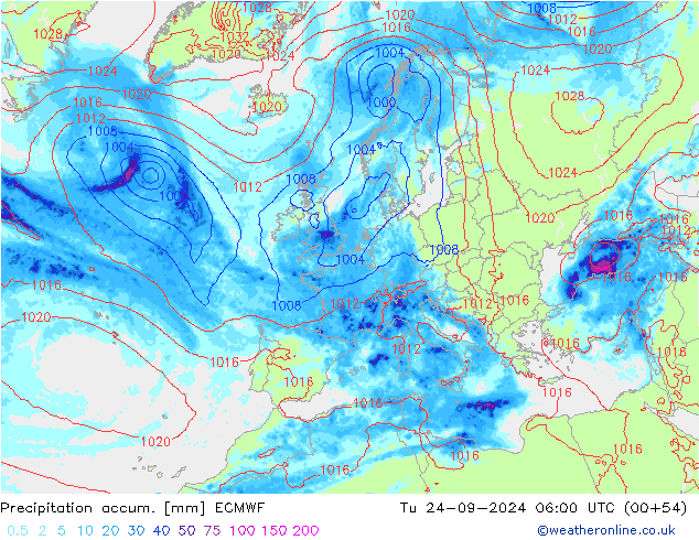 Totale neerslag ECMWF di 24.09.2024 06 UTC