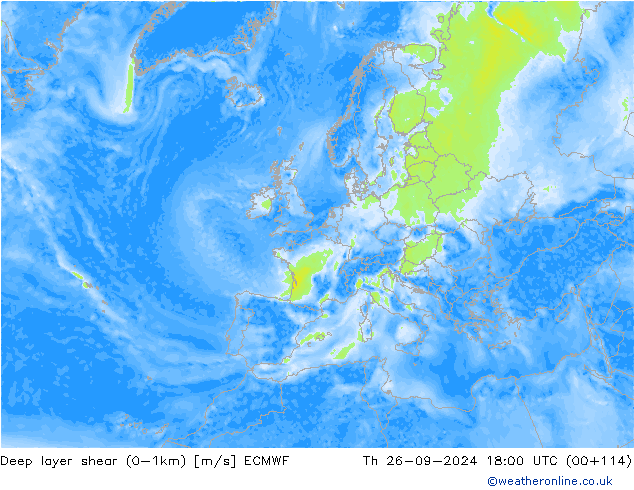 Deep layer shear (0-1km) ECMWF Do 26.09.2024 18 UTC