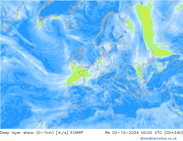 Deep layer shear (0-1km) ECMWF wo 02.10.2024 00 UTC