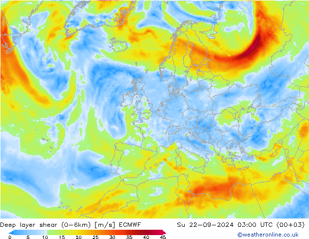 Deep layer shear (0-6km) ECMWF Вс 22.09.2024 03 UTC