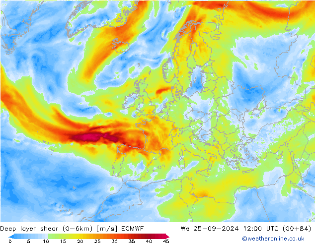 Deep layer shear (0-6km) ECMWF Mi 25.09.2024 12 UTC