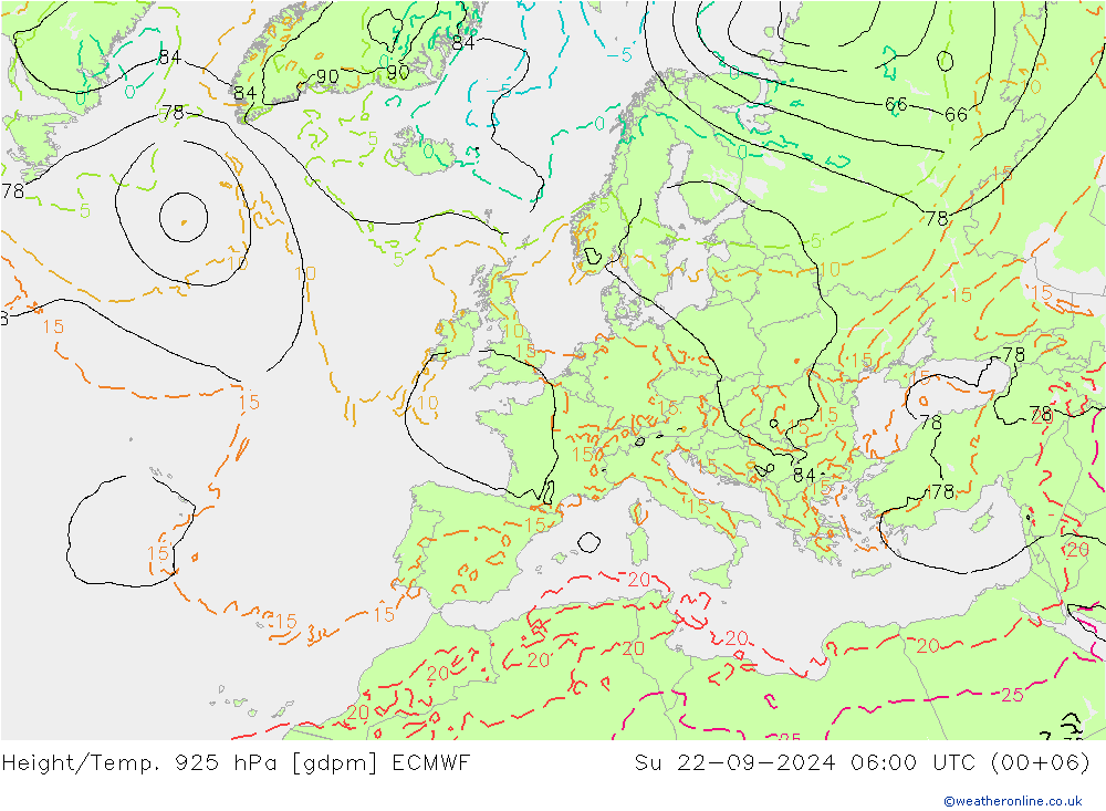 Hoogte/Temp. 925 hPa ECMWF zo 22.09.2024 06 UTC