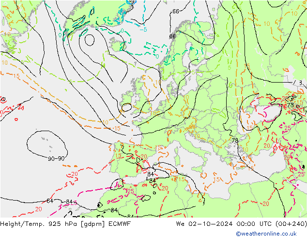 Hoogte/Temp. 925 hPa ECMWF wo 02.10.2024 00 UTC