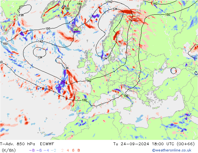 T-Adv. 850 hPa ECMWF Di 24.09.2024 18 UTC