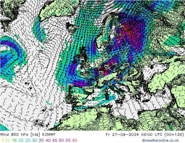 Wind 850 hPa ECMWF Pá 27.09.2024 06 UTC