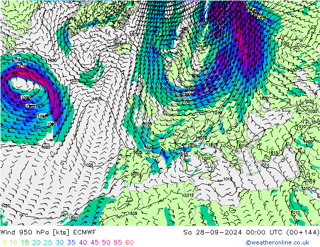 Wind 950 hPa ECMWF za 28.09.2024 00 UTC