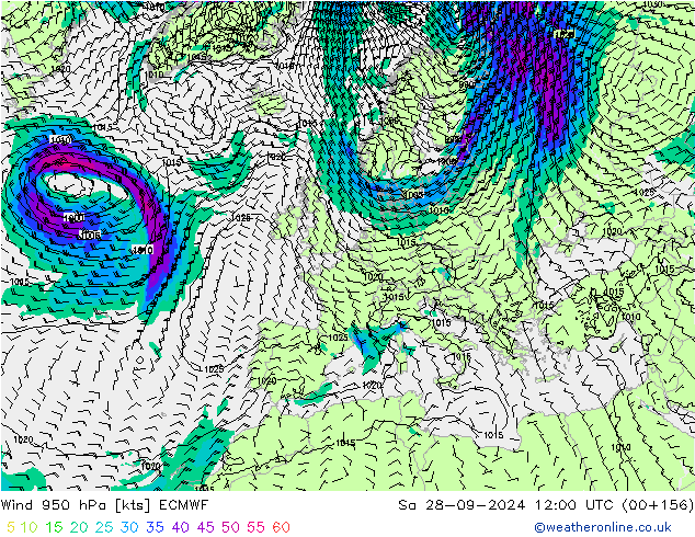 Vento 950 hPa ECMWF sab 28.09.2024 12 UTC