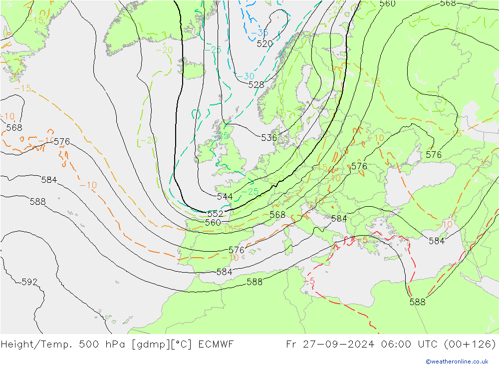 Z500/Rain (+SLP)/Z850 ECMWF Fr 27.09.2024 06 UTC