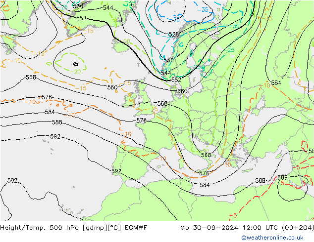 Height/Temp. 500 hPa ECMWF Mo 30.09.2024 12 UTC