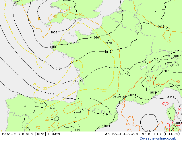 Theta-e 700hPa ECMWF Mo 23.09.2024 00 UTC