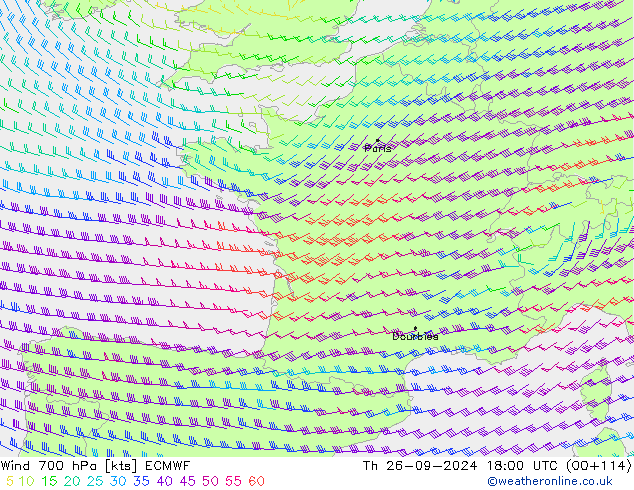 Vento 700 hPa ECMWF Qui 26.09.2024 18 UTC