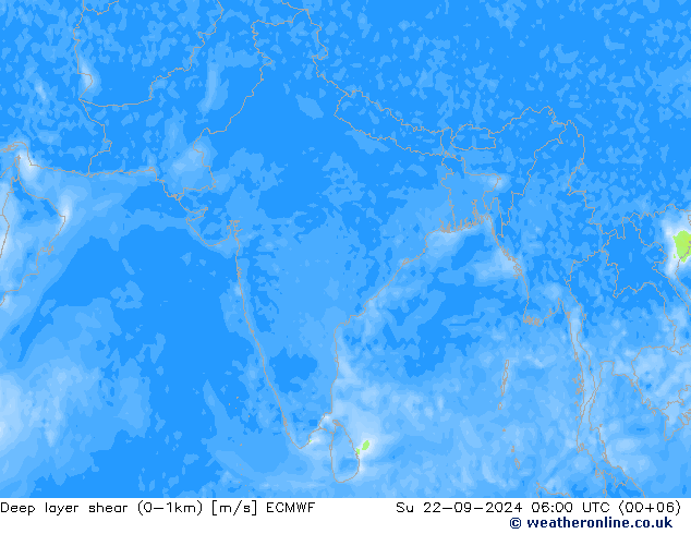 Deep layer shear (0-1km) ECMWF Su 22.09.2024 06 UTC