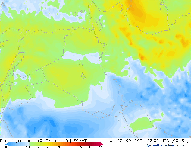 Deep layer shear (0-6km) ECMWF Mi 25.09.2024 12 UTC