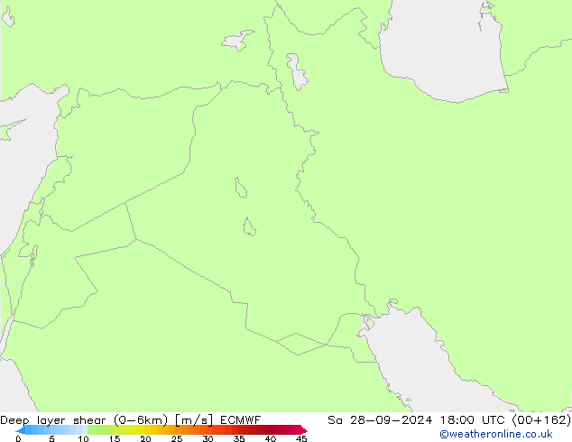 Deep layer shear (0-6km) ECMWF za 28.09.2024 18 UTC