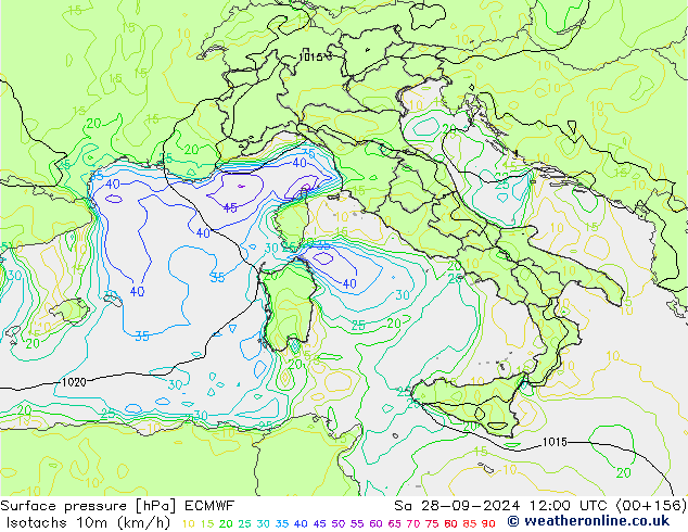 Isotachs (kph) ECMWF Sáb 28.09.2024 12 UTC