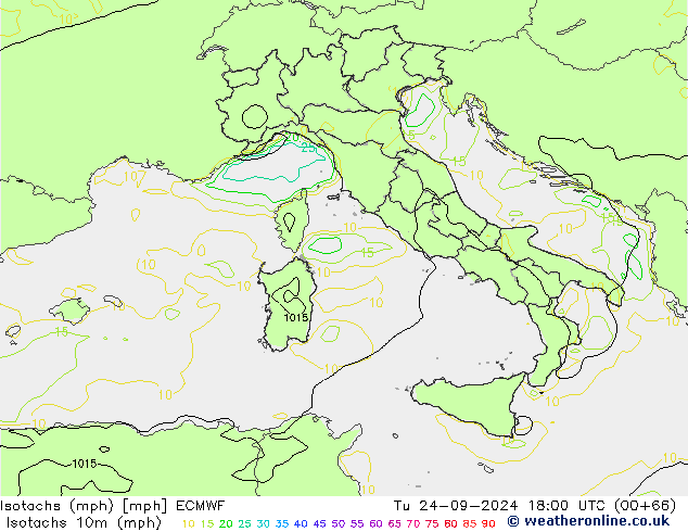 Isotachs (mph) ECMWF вт 24.09.2024 18 UTC