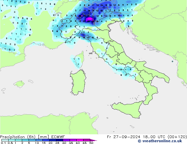 осадки (6h) ECMWF пт 27.09.2024 00 UTC