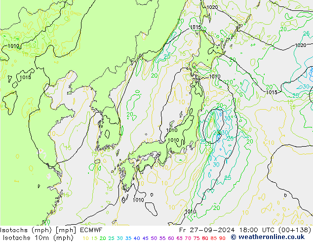 Isotachen (mph) ECMWF vr 27.09.2024 18 UTC