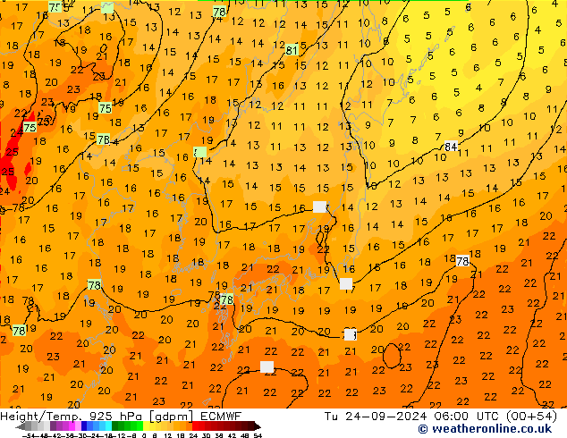 Hoogte/Temp. 925 hPa ECMWF di 24.09.2024 06 UTC