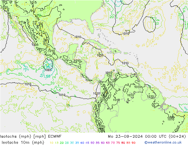 Isotachs (mph) ECMWF Mo 23.09.2024 00 UTC