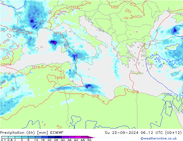 Totale neerslag (6h) ECMWF zo 22.09.2024 12 UTC