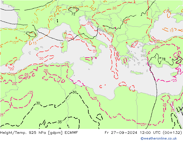 Height/Temp. 925 hPa ECMWF Fr 27.09.2024 12 UTC