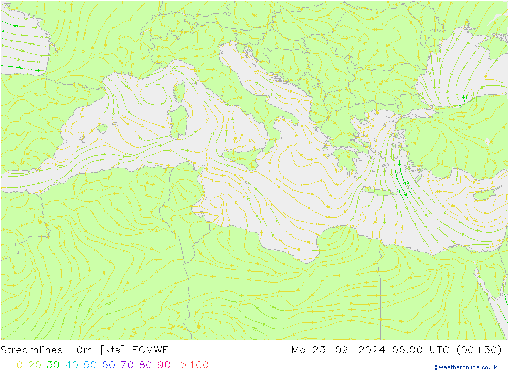 Streamlines 10m ECMWF Mo 23.09.2024 06 UTC