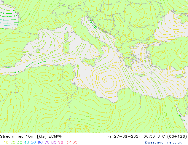 Streamlines 10m ECMWF Fr 27.09.2024 06 UTC