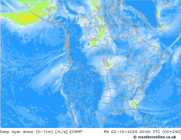 Deep layer shear (0-1km) ECMWF We 02.10.2024 00 UTC