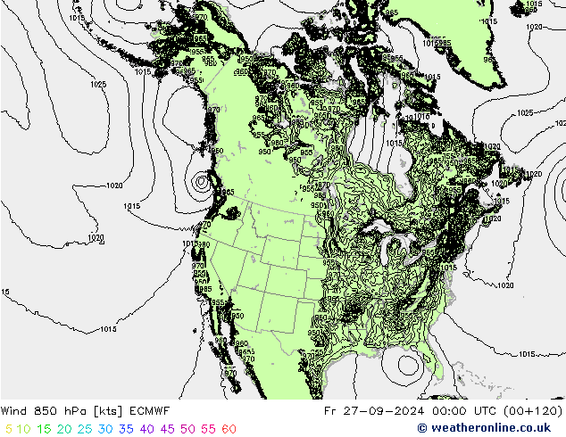 Vento 850 hPa ECMWF ven 27.09.2024 00 UTC