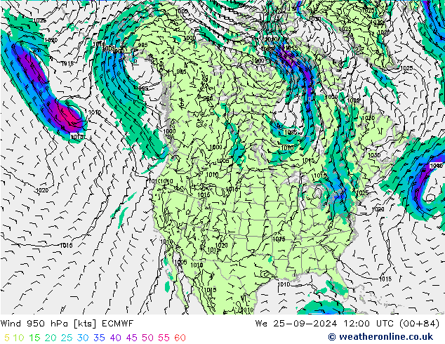 Vento 950 hPa ECMWF Qua 25.09.2024 12 UTC