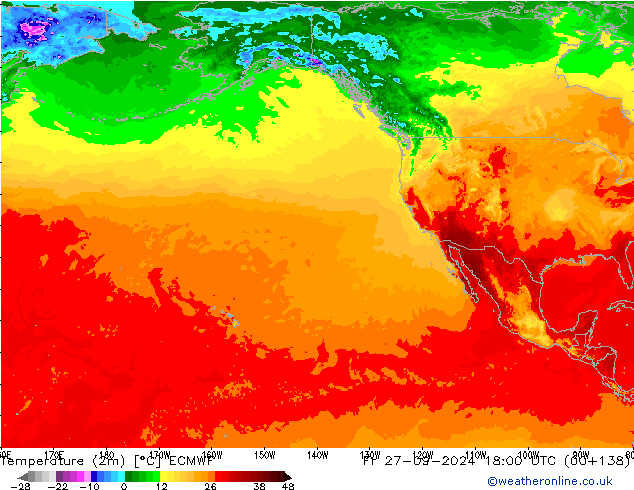 Temperatuurkaart (2m) ECMWF vr 27.09.2024 18 UTC