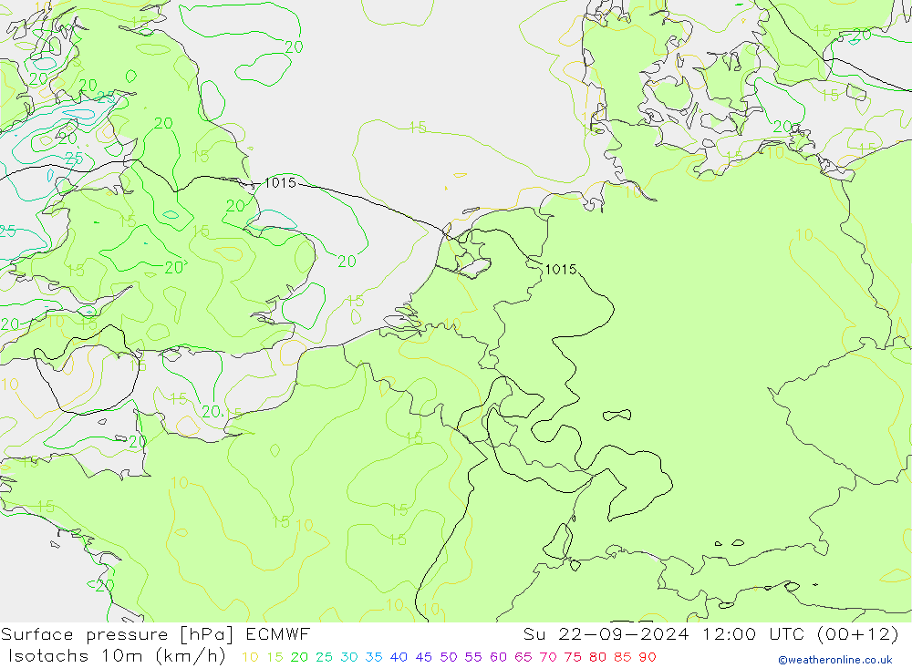 10米等风速线 (kph) ECMWF 星期日 22.09.2024 12 UTC