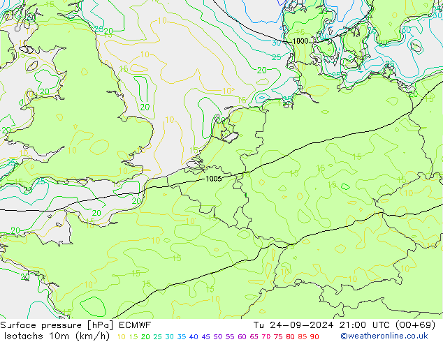 Isotachs (kph) ECMWF Tu 24.09.2024 21 UTC