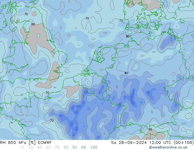 RH 850 hPa ECMWF sab 28.09.2024 12 UTC