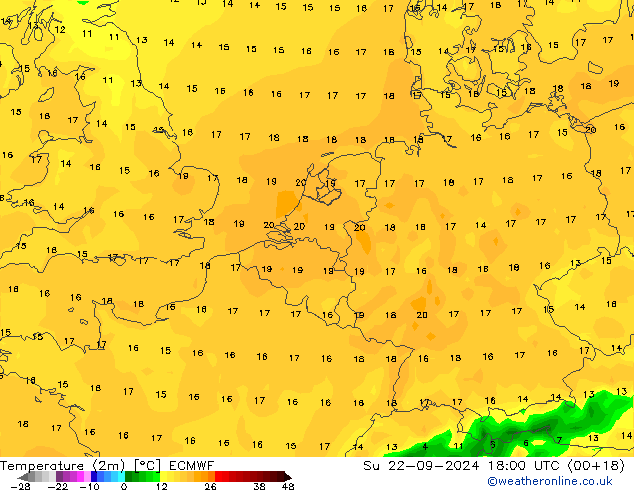 Temperatuurkaart (2m) ECMWF zo 22.09.2024 18 UTC