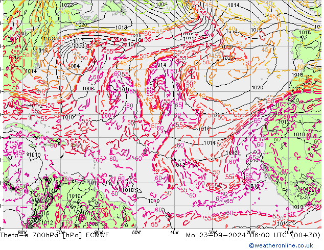 Theta-e 700hPa ECMWF Mo 23.09.2024 06 UTC